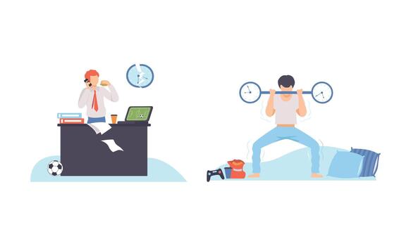 Minimalist illustration of an office workspace with a pause timer representing structured break routines