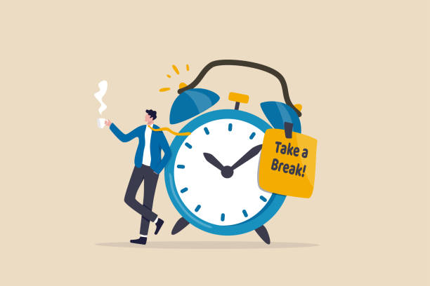 Illustration of a timer surrounded by quick break activity cards representing short office micro-breaks